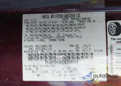 2012 Ford Fusion Se из США, поврежденный, VIN 3FAHP0HA0CR350153